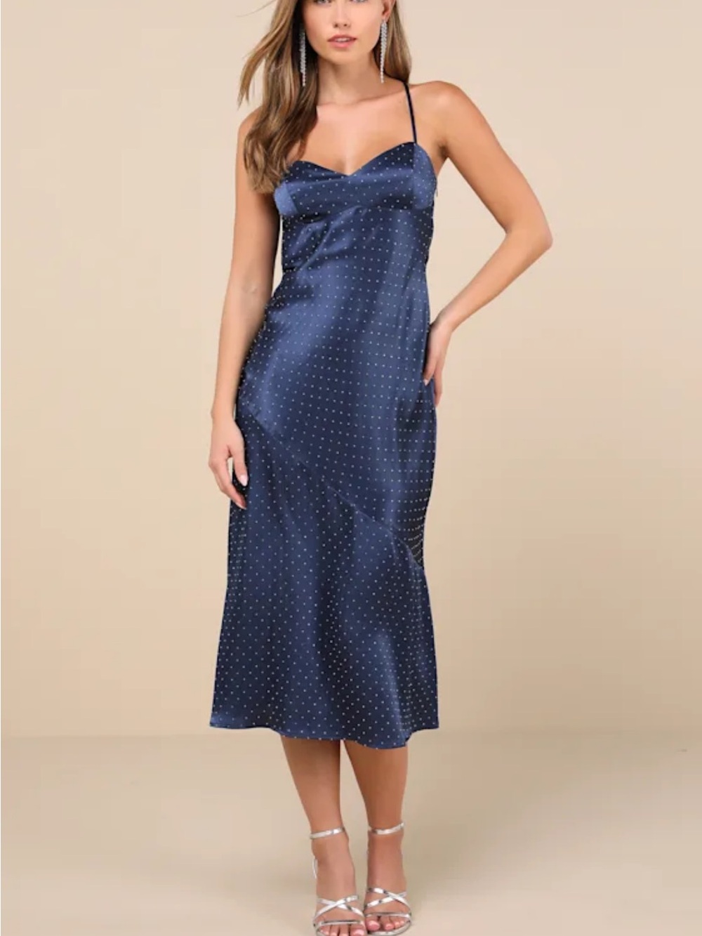 NWT Lulus Certainly Flawless Navy Satin Rhinestone Cowl Back Midi Dress